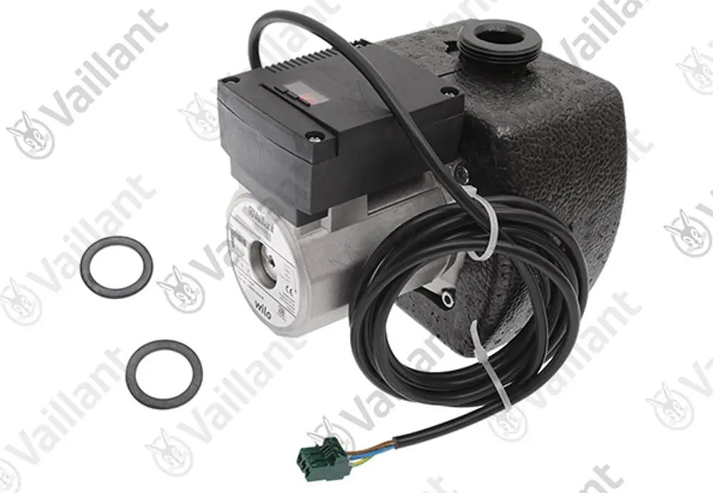 Vaillant Pumpe mit Motor und elektrischen Anschlusskabeln. Inklusive zwei Dichtungen. Gerät mit grauer und schwarzer Oberfläche.